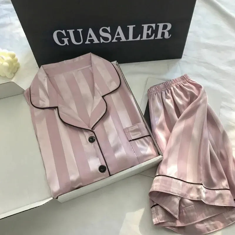 Elegant Satin Striped Pajama Set – Plus Size Button-Up Lounge Wear Style Heaven
