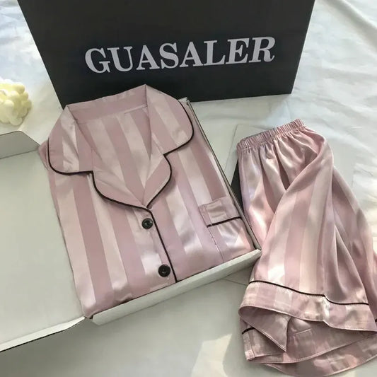 Elegant Satin Striped Pajama Set – Plus Size Button-Up Lounge Wear Style Heaven