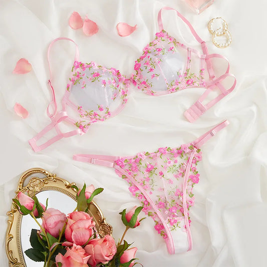 Sexy Transparent Lace Lingerie Set – Flower Embroidered V-Neck See-Through Bra & Panty