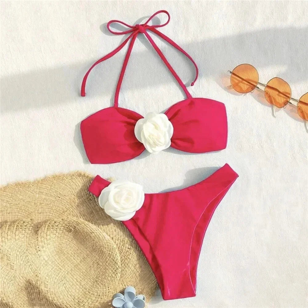 Sexy Flower Bandeau Swimwear Thong Bikini – Lace-Up Brazilian Bikinis Set for Women Style Heaven
