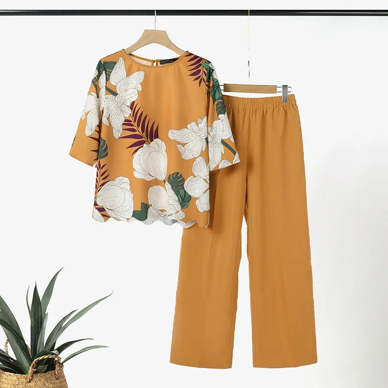 2-Piece Floral Blouse & Pants Set – Elegant Office & Summer Outfit for Women Style Heaven