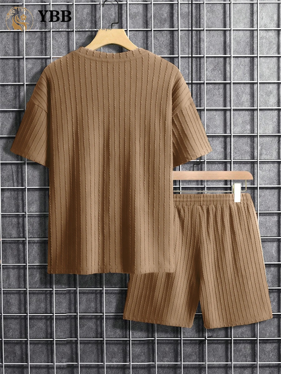 Men’s Two-Piece Summer Set – Solid Stripe T-Shirt & Shorts Casual Gym Streetwear Style Heaven