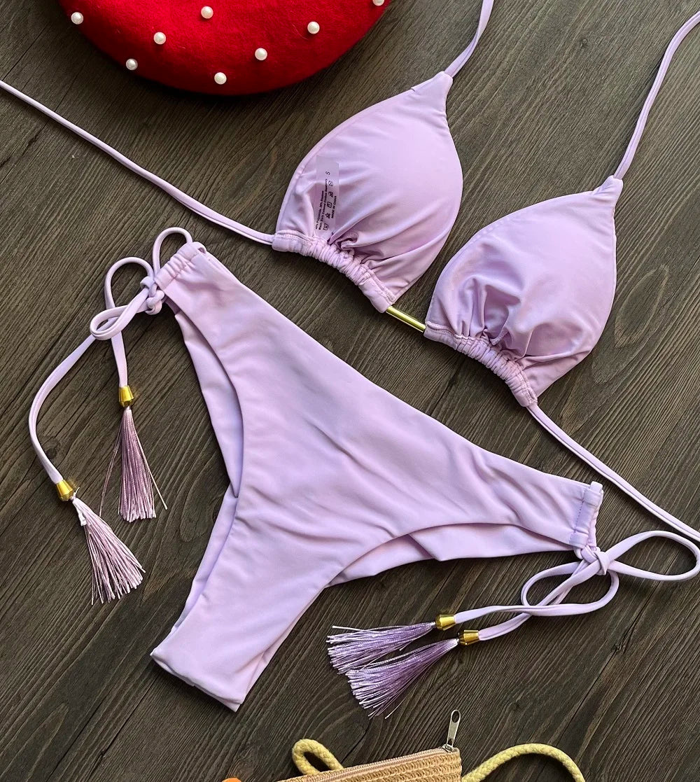 Sexy Triangle Bathing Suit for Women – Brazilian Bikini Halter Swimwear with Push Up and Metal Chain Details Style Heaven