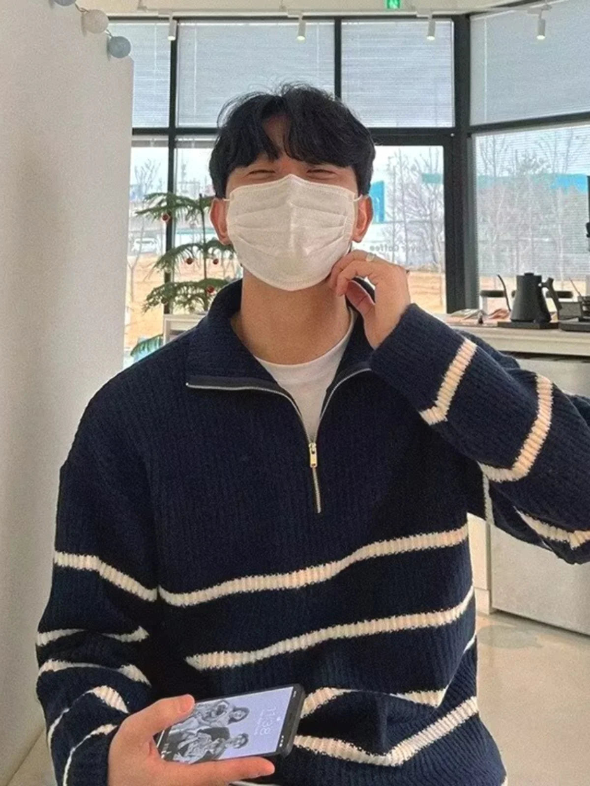 Men’s Korean-Style Striped Knitted Sweater – Mid High Collar Slim Fit Long Sleeve Casual Hoodie - Style Heaven