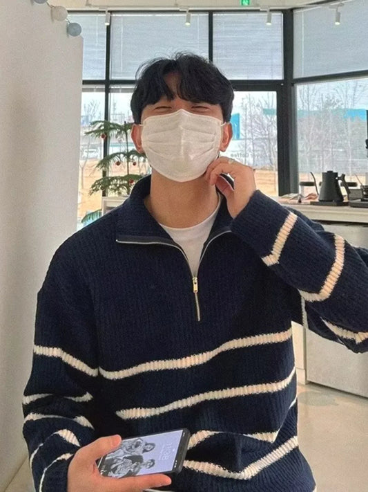 Men’s Korean-Style Striped Knitted Sweater – Mid High Collar Slim Fit Long Sleeve Casual Hoodie - Style Heaven