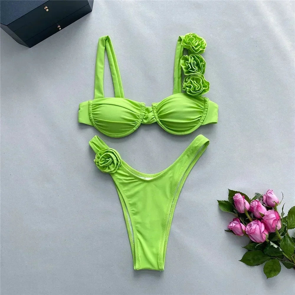 Sexy 3D Flower Shiny Pink Push-Up Bikini – Underwired High-Cut Bathing Suit with Wrinkled Detailing – 2025 Swimwear Set Style Heaven