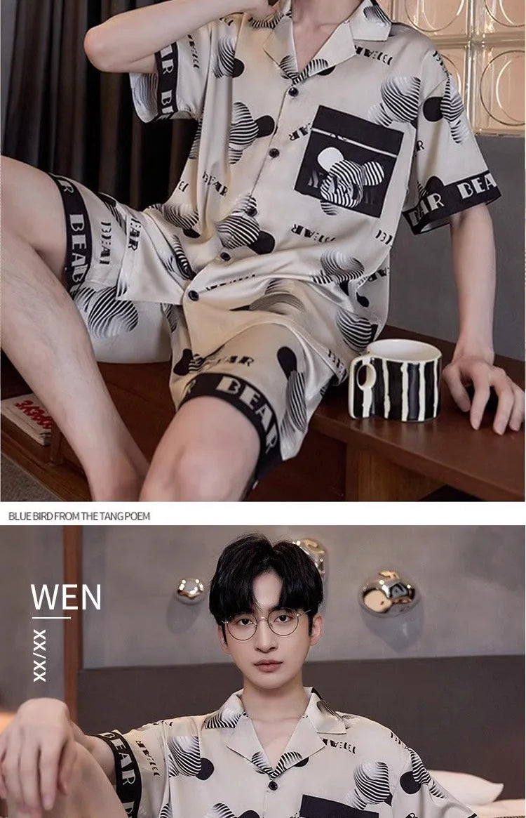 Men’s Ice Silk Pajama Set – Short-Sleeve & Shorts Summer Sleepwear Style Heaven