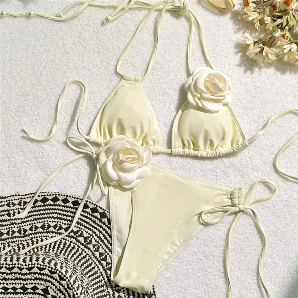 Sexy Flower Bandeau Swimwear Thong Bikini – Lace-Up Brazilian Bikinis Set for Women Style Heaven