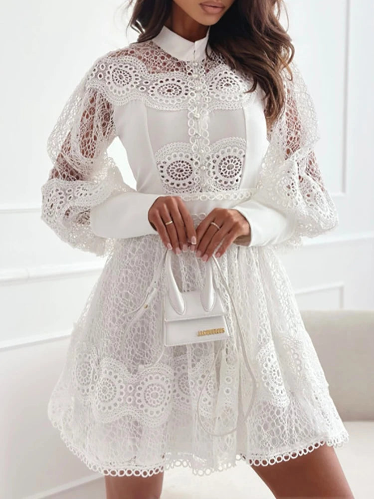 Spring Summer Women's Solid O-Neck Mini Dress – Fashion Hollow Out Lantern Sleeve Party Dress Style Heaven