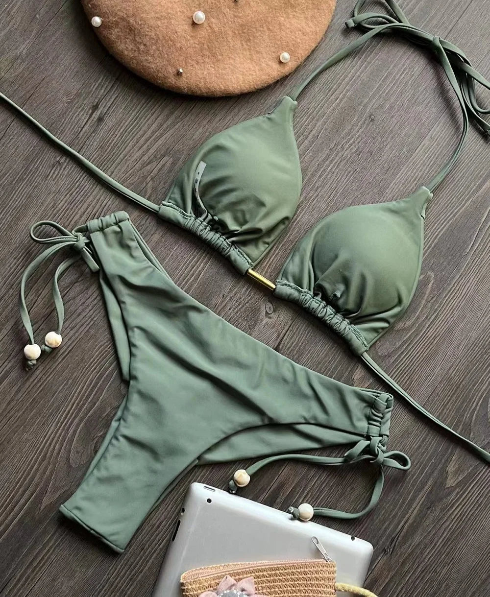Sexy Triangle Bathing Suit for Women – Brazilian Bikini Halter Swimwear with Push Up and Metal Chain Details Style Heaven