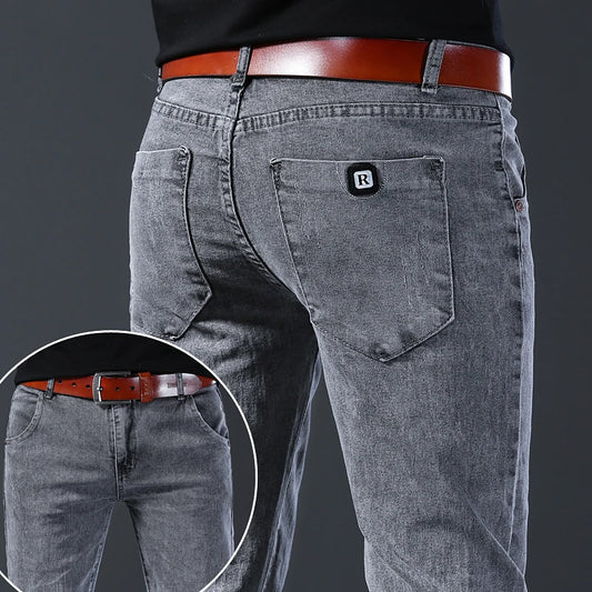 New Style Men’s Slim Fit Jeans – Korean Style Elastic Gray Mid-Waist Denim Pants Style Heaven