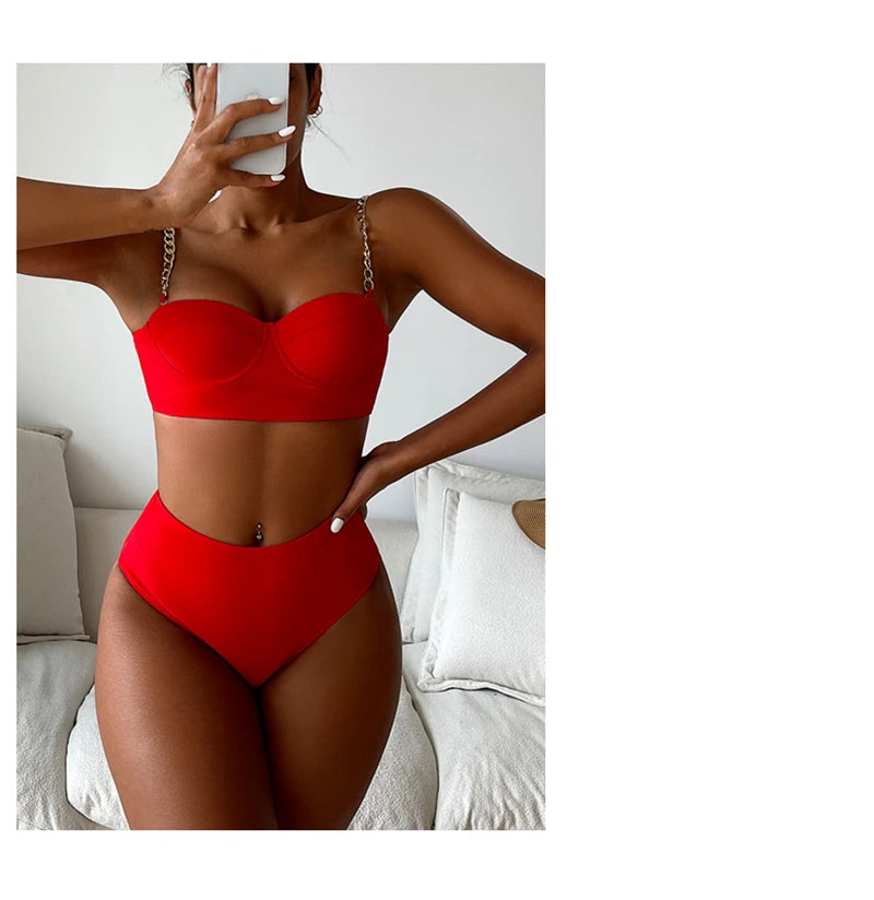 7 Colors High Waist Bikini Set – Padded Wrap Top with Chain Shoulder Straps – Fluorescent Green/Black/Bright Orange Style Heaven
