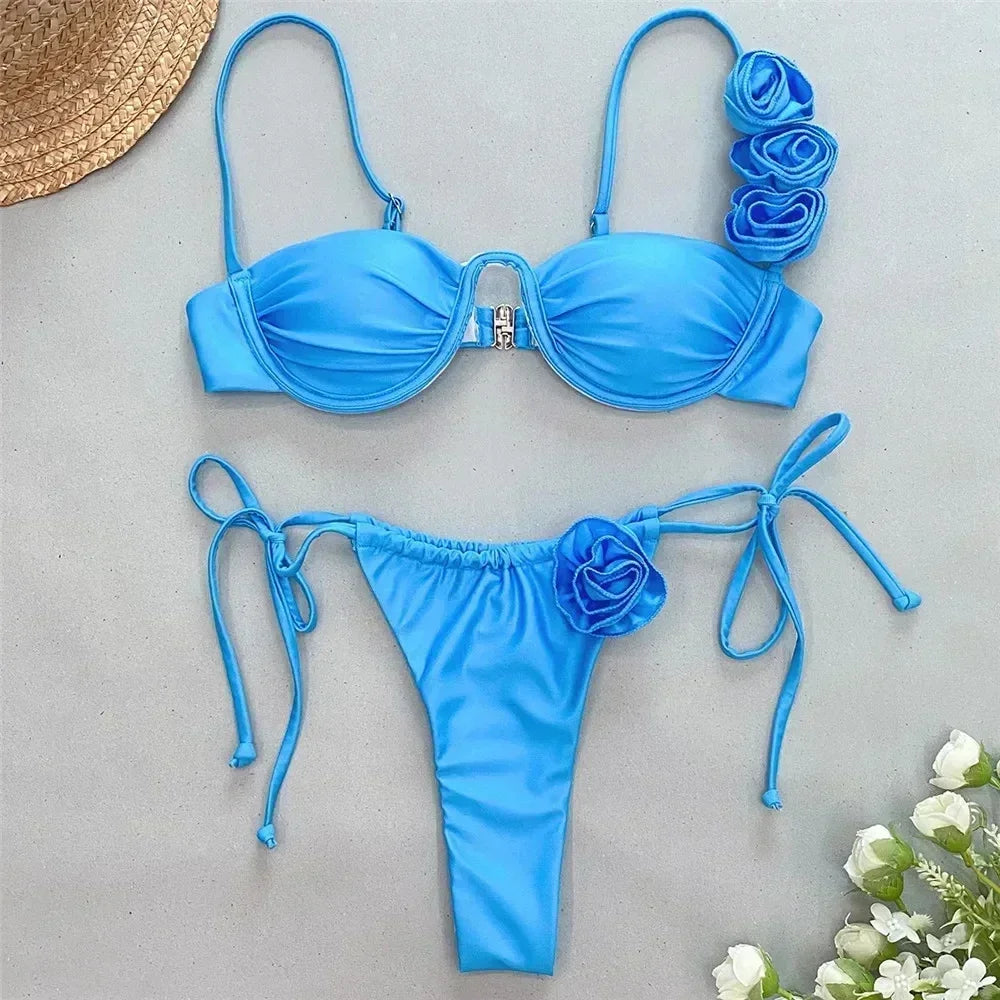 Sexy 3D Flower Shiny Pink Push-Up Bikini – Underwired High-Cut Bathing Suit with Wrinkled Detailing – 2025 Swimwear Set Style Heaven