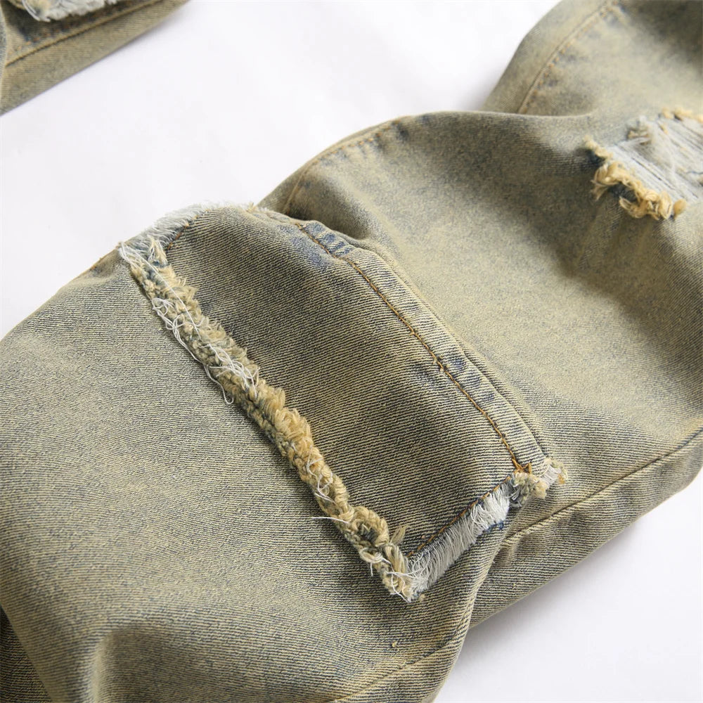 Men’s Retro Ripped Spliced Slim Jeans – Hip-Hop Streetwear Denim - Style Heaven
