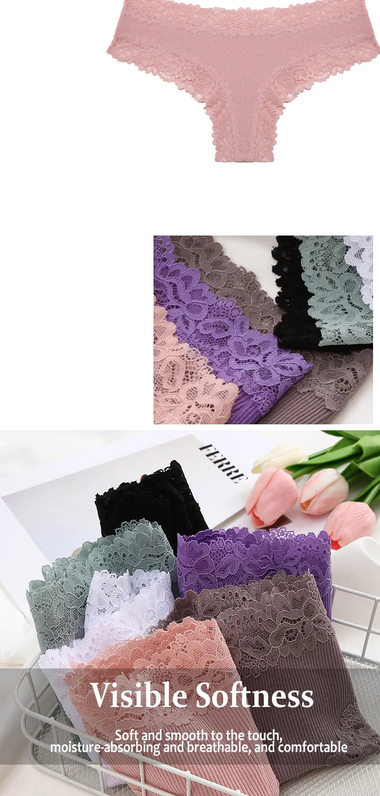 3PCS Women's Lace Seamless Cotton Panties – Ribbed Brazilian Low Waist Underwear, Breathable & Plus Size Lingerie Style Heaven