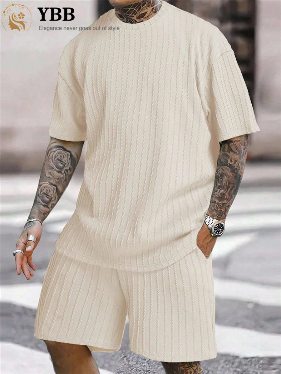 Men’s Two-Piece Summer Set – Solid Stripe T-Shirt & Shorts Casual Gym Streetwear Style Heaven