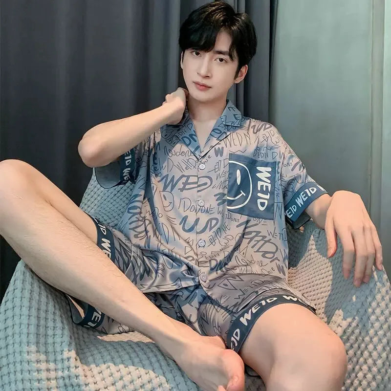 Men’s Ice Silk Pajama Set – Short-Sleeve & Shorts Summer Sleepwear Style Heaven