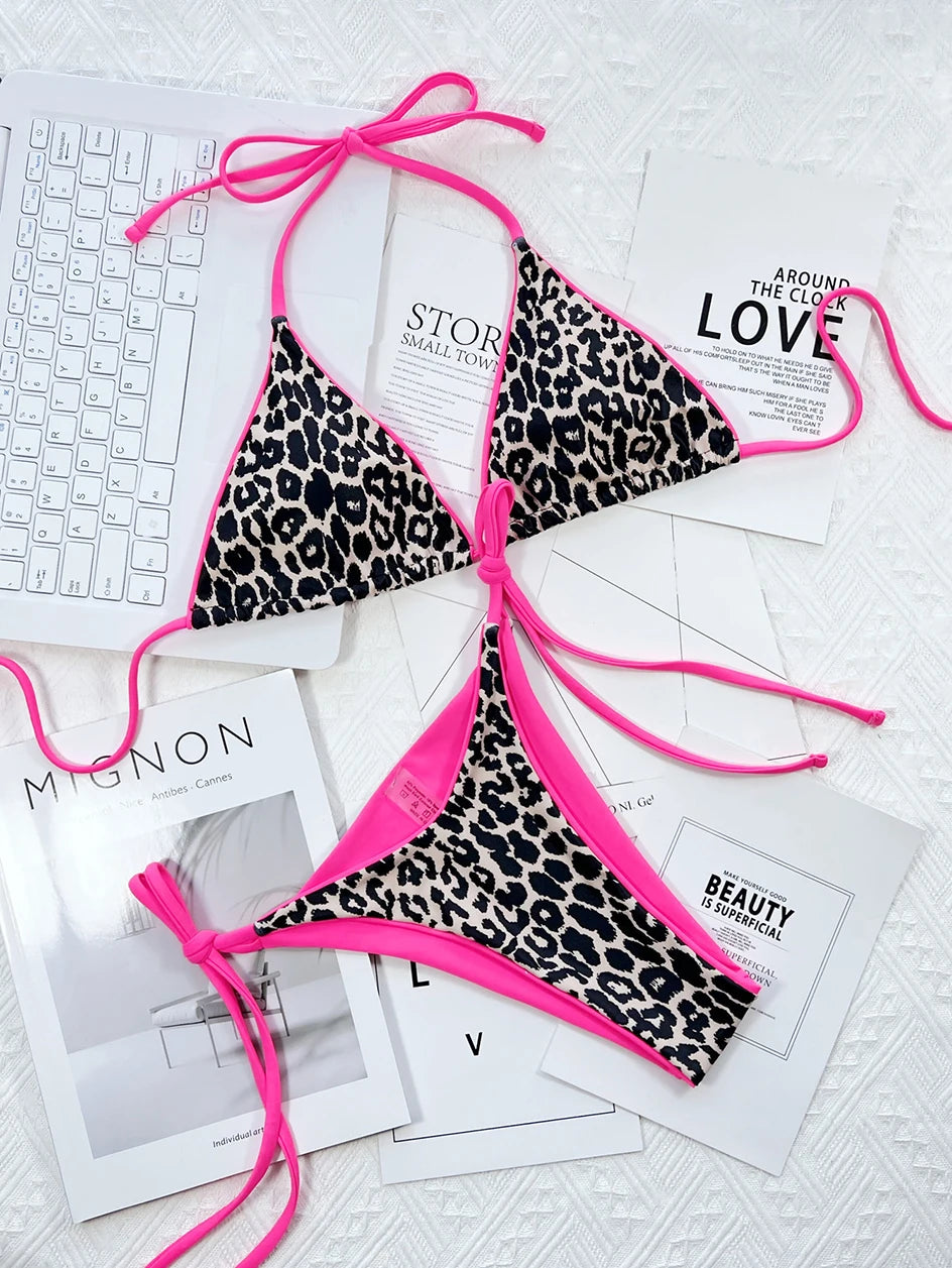 2024 Sexy Leopard Micro Bikini – Women’s Brazilian Halter Swimwear Set with Lace-Up Design Style Heaven