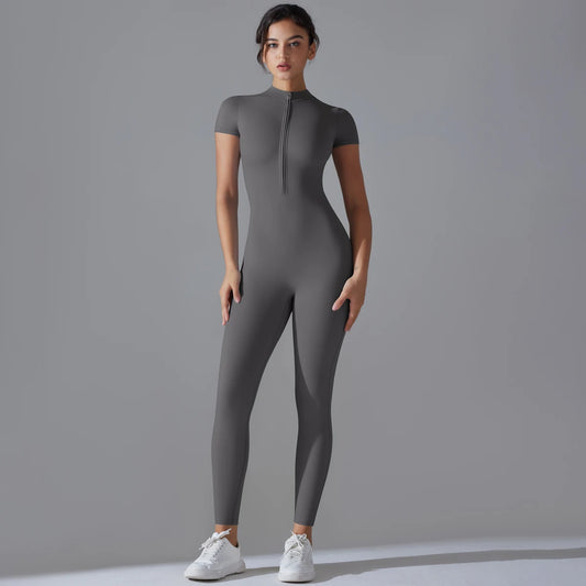 Women’s One-Piece Short Sleeve Yoga Jumpsuit with Zipper – Push-Up Gym Fitness Bodysuit Style Heaven