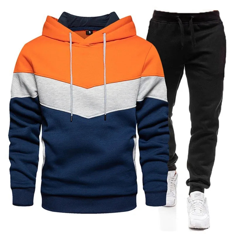 Men’s Autumn & Winter Sportswear Set – 3-Color Block Hoodie & Sweatpants Style Heaven