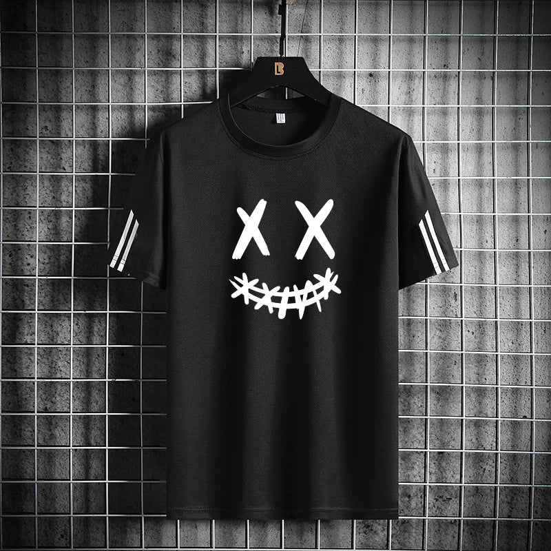 Three-Bar Trendy Men's Sports Set – Smiling Face Print Mesh T-Shirt & Pants Style Heaven