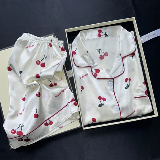 Women’s Cherries Print Pajama Set – Cute Summer Faux Satin Sleepwear Style Heaven
