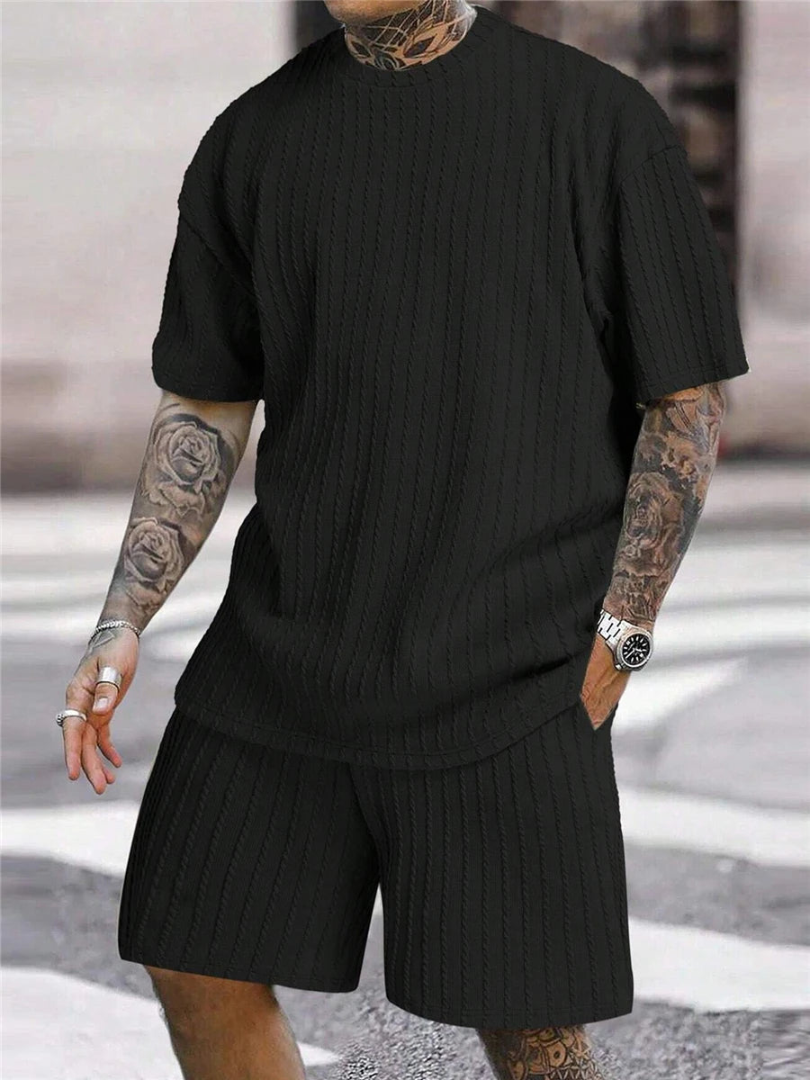 Men’s Two-Piece Summer Set – Solid Stripe T-Shirt & Shorts Casual Gym Streetwear Style Heaven