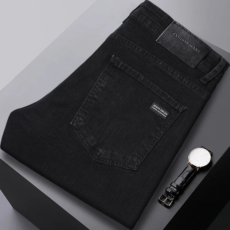 Men’s Pure Black Straight Fit Jeans – Classic Elastic Denim Business Trousers - Style Heaven