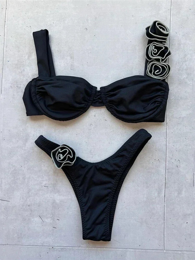 Sexy 3D Flower Shiny Pink Push-Up Bikini – Underwired High-Cut Bathing Suit with Wrinkled Detailing – 2025 Swimwear Set Style Heaven