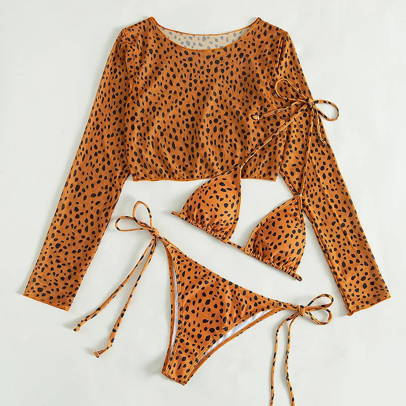 Leopard Print 3-Piece Micro Bikini Set – Halter Top, Low Waist Bottoms & Cover-Up - Style Heaven