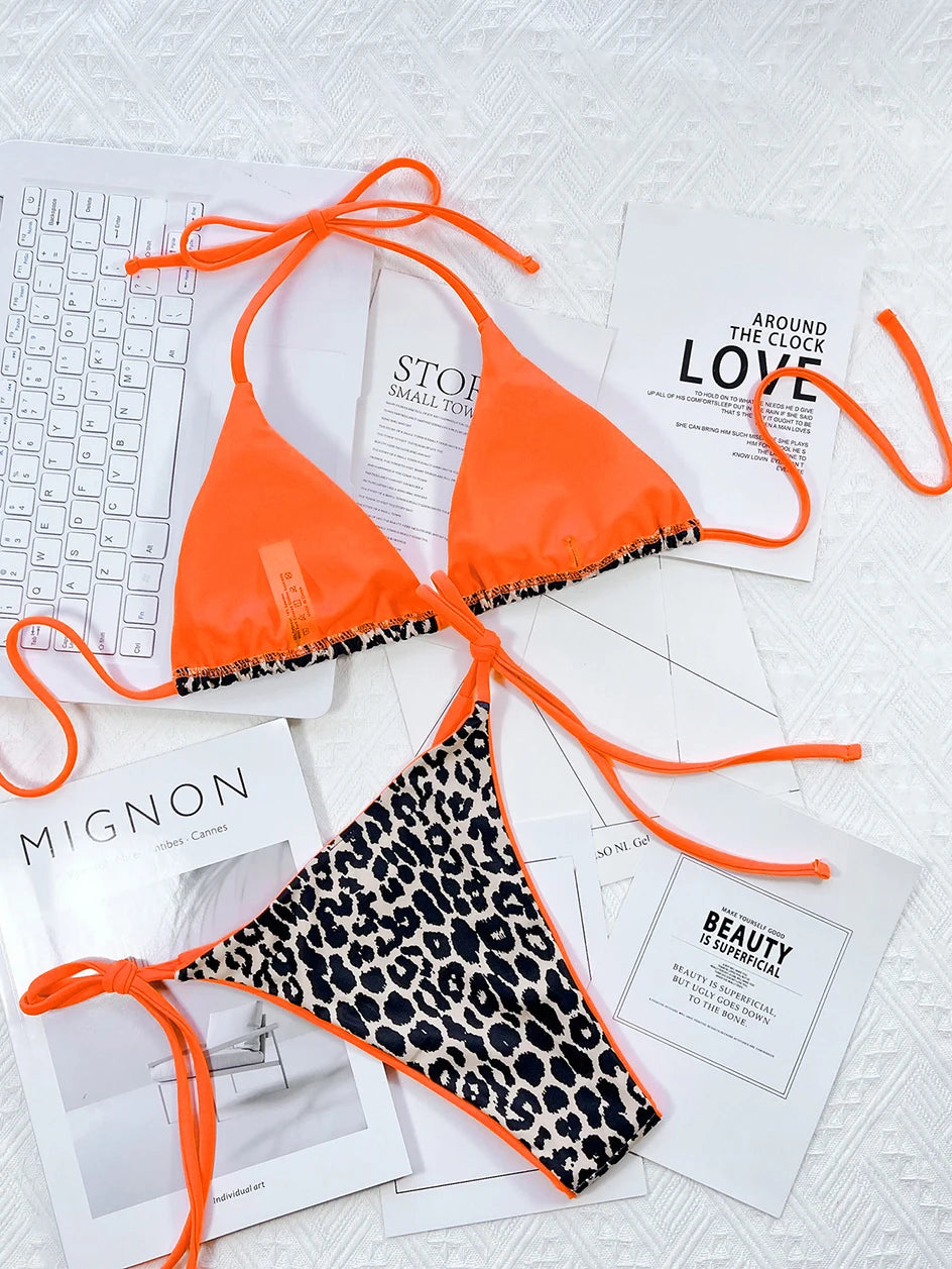 2024 Sexy Leopard Micro Bikini – Women’s Brazilian Halter Swimwear Set with Lace-Up Design Style Heaven