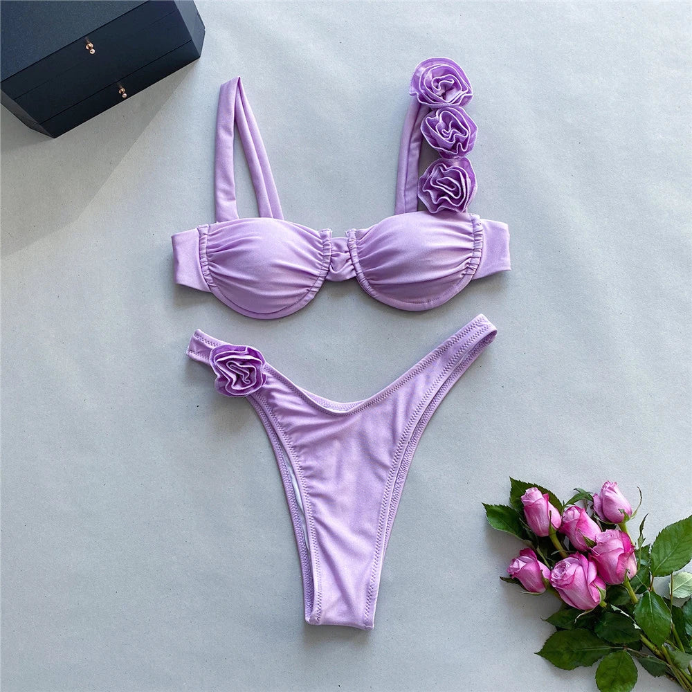 Sexy 3D Flower Shiny Pink Push-Up Bikini – Underwired High-Cut Bathing Suit with Wrinkled Detailing – 2025 Swimwear Set Style Heaven