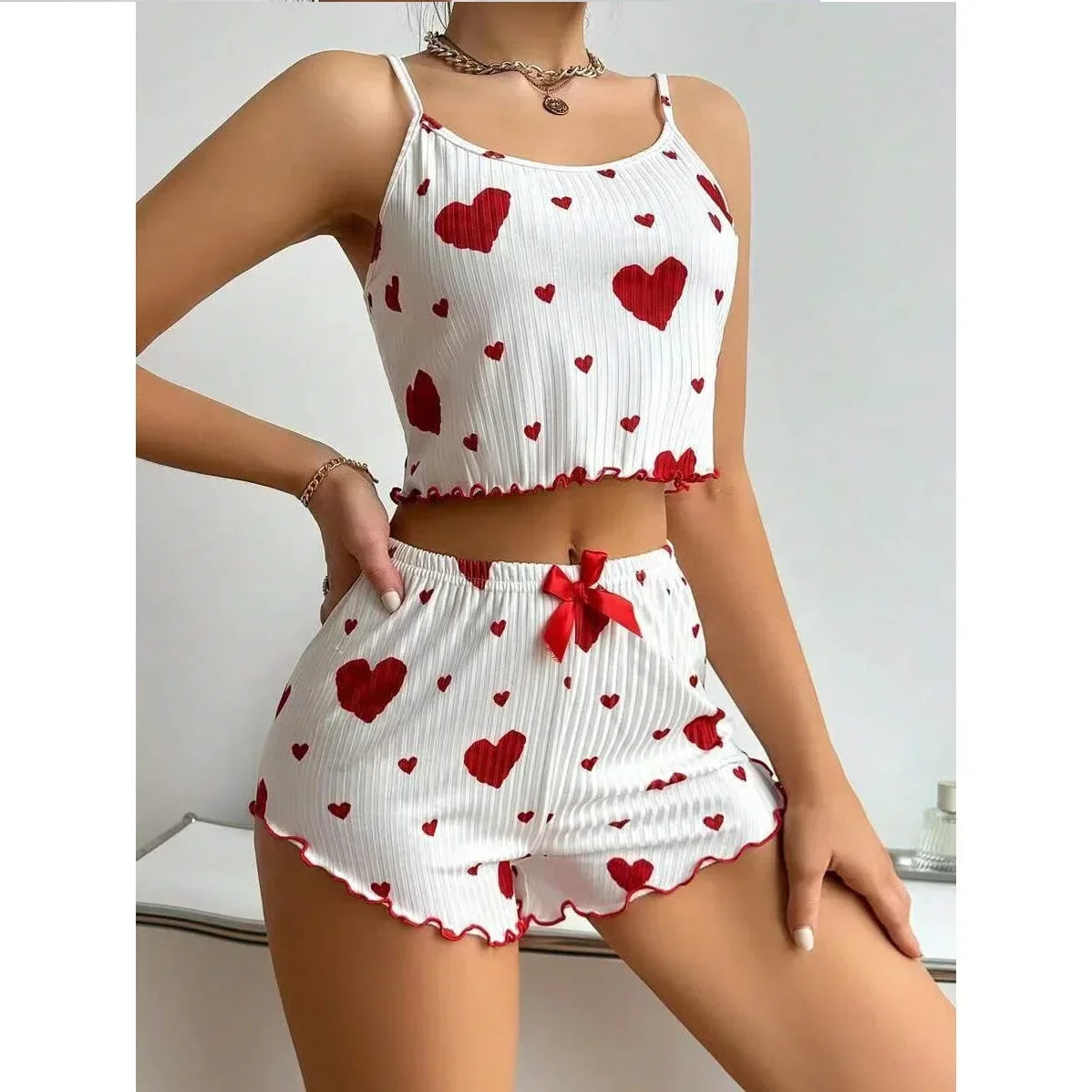 Heart Print Backless Pajama Set – Cute & Comfy Summer Loungewear Style Heaven
