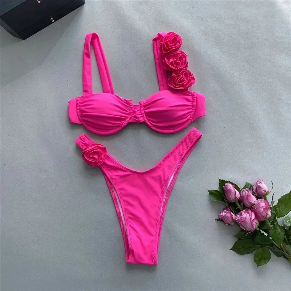 Sexy 3D Flower Shiny Pink Push-Up Bikini – Underwired High-Cut Bathing Suit with Wrinkled Detailing – 2025 Swimwear Set Style Heaven