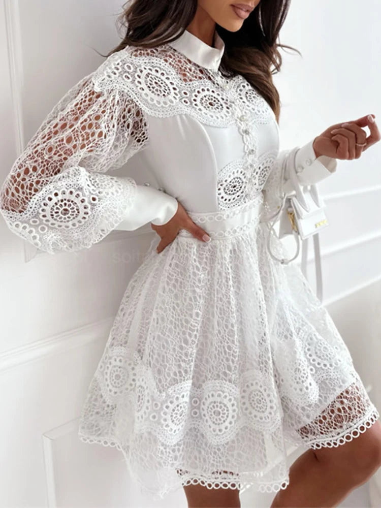 Spring Summer Women's Solid O-Neck Mini Dress – Fashion Hollow Out Lantern Sleeve Party Dress Style Heaven