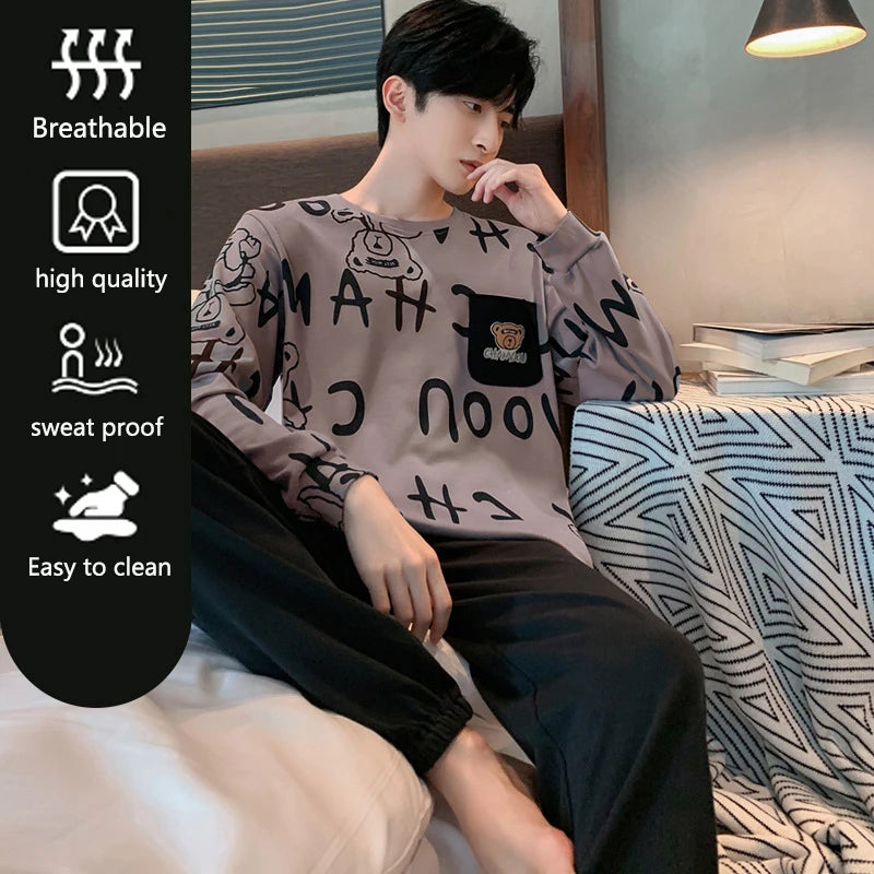 Men’s Plus Size Cartoon Bear Pajama Set – Cozy Striped Long-Sleeve Loungewear - Style Heaven