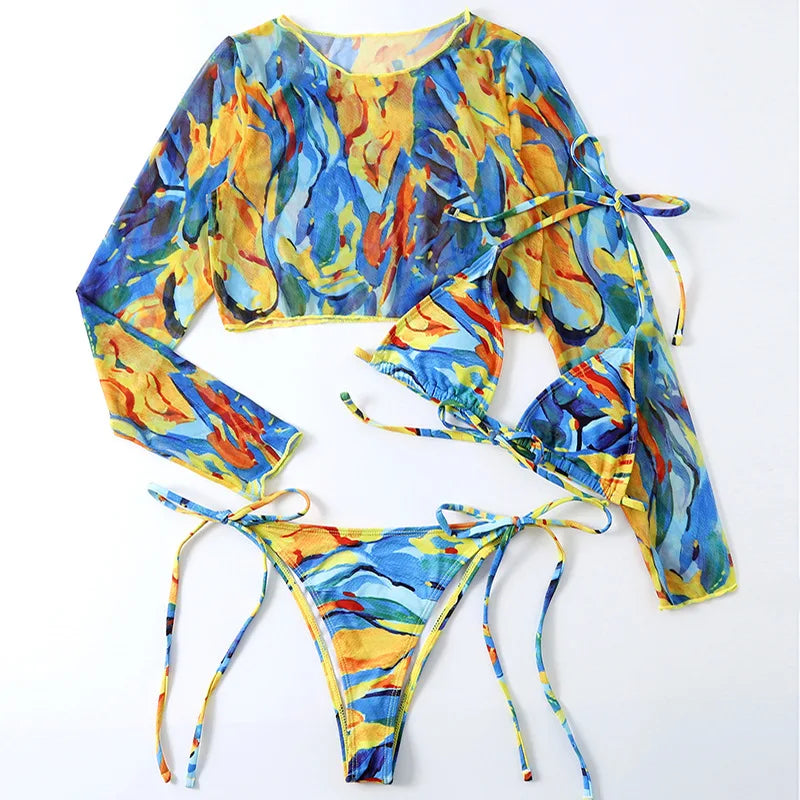 Leopard Print 3-Piece Micro Bikini Set – Halter Top, Low Waist Bottoms & Cover-Up - Style Heaven