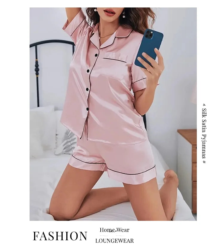 Silk Satin Pajama Set – Button-Down Top & Shorts 2-Piece Sleepwear Style Heaven