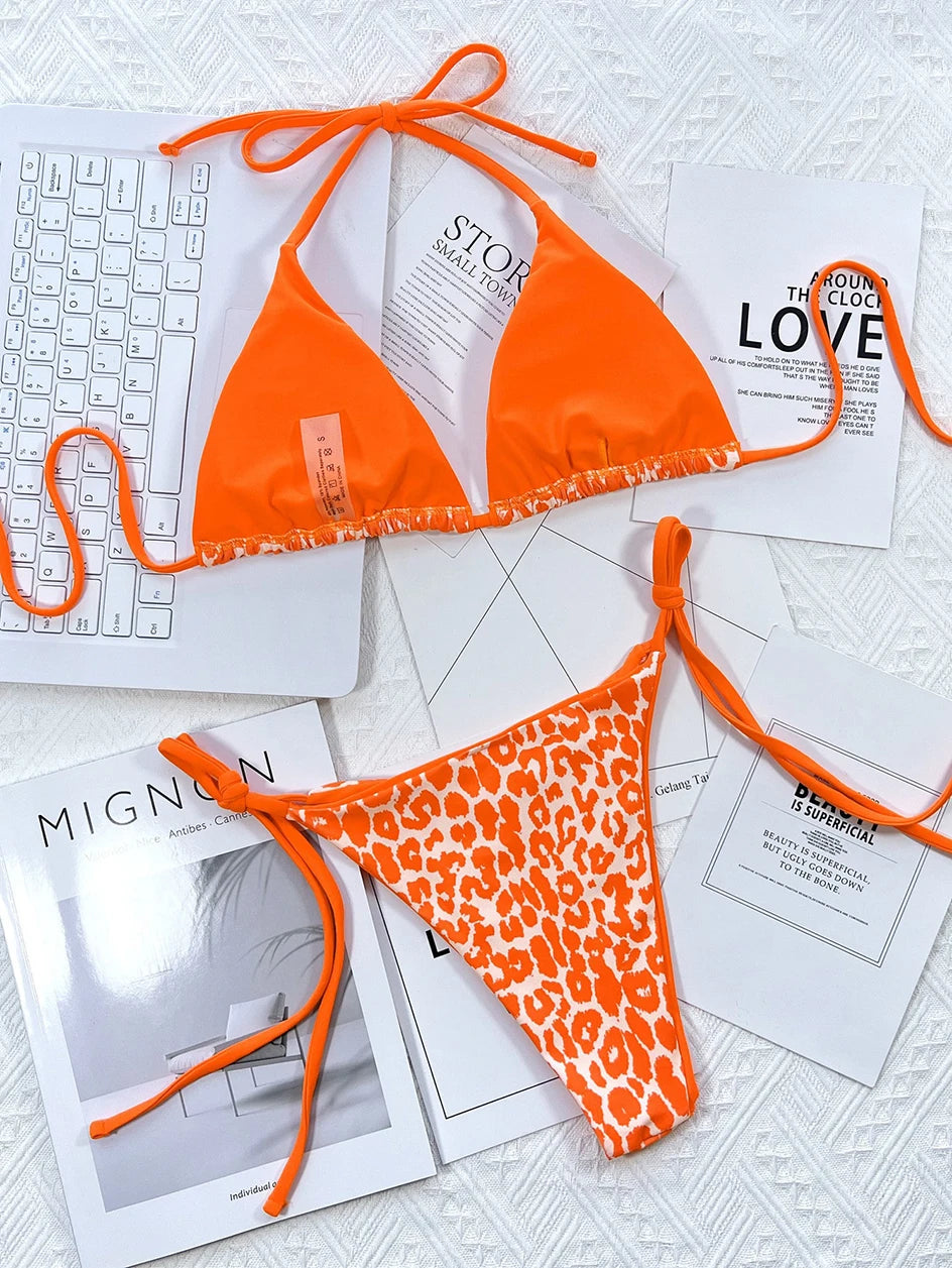 2024 Sexy Leopard Micro Bikini – Women’s Brazilian Halter Swimwear Set with Lace-Up Design Style Heaven
