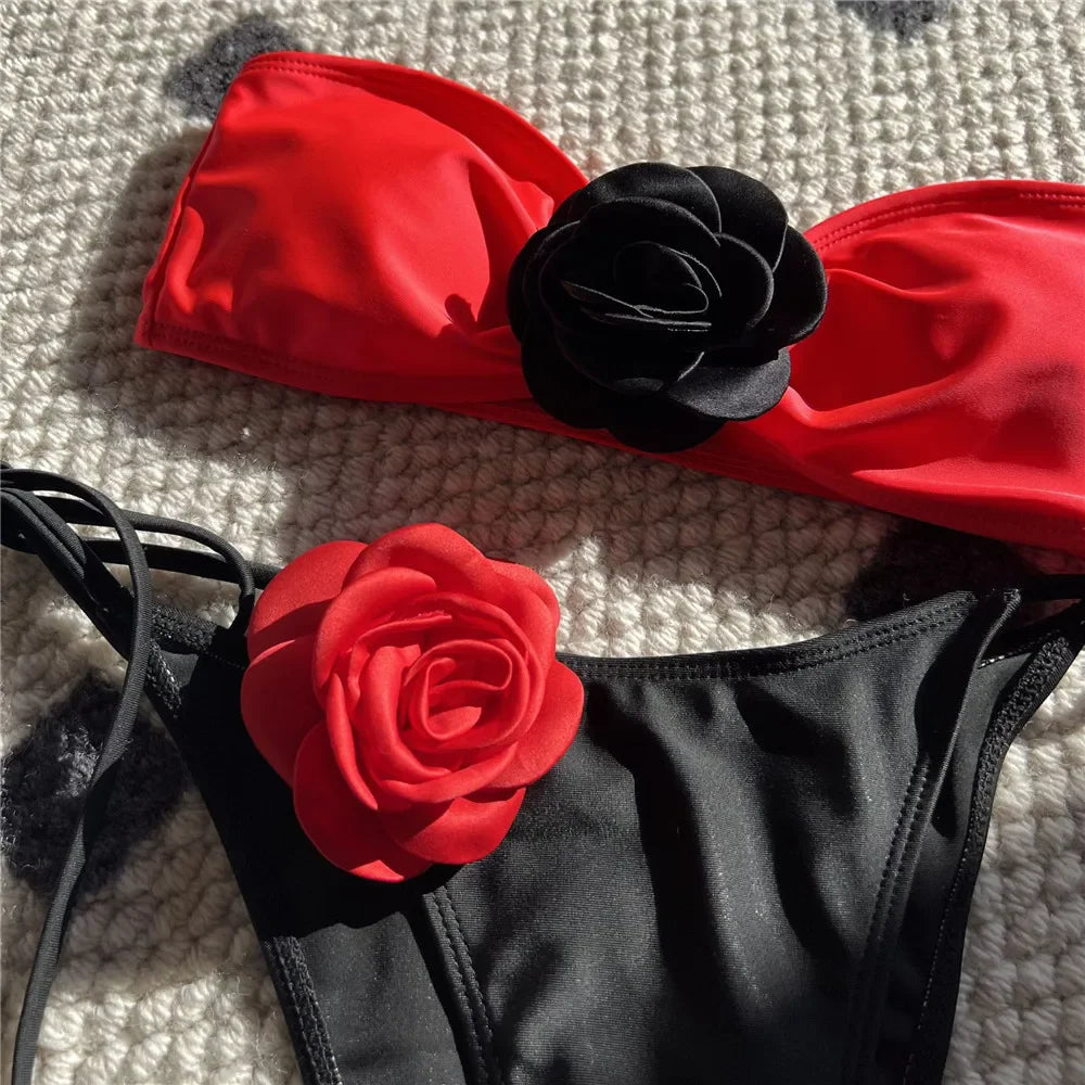 Sexy Flower Bandeau Swimwear Thong Bikini – Lace-Up Brazilian Bikinis Set for Women Style Heaven
