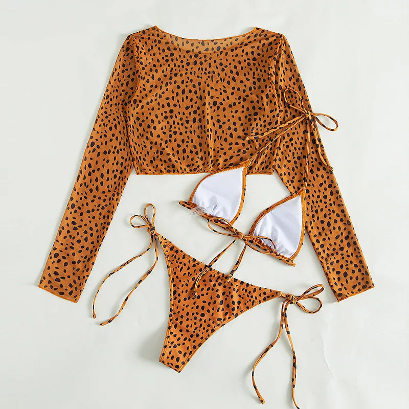 Leopard Print 3-Piece Micro Bikini Set – Halter Top, Low Waist Bottoms & Cover-Up - Style Heaven