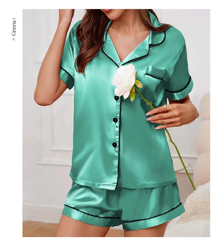 Silk Satin Pajama Set – Button-Down Top & Shorts 2-Piece Sleepwear Style Heaven