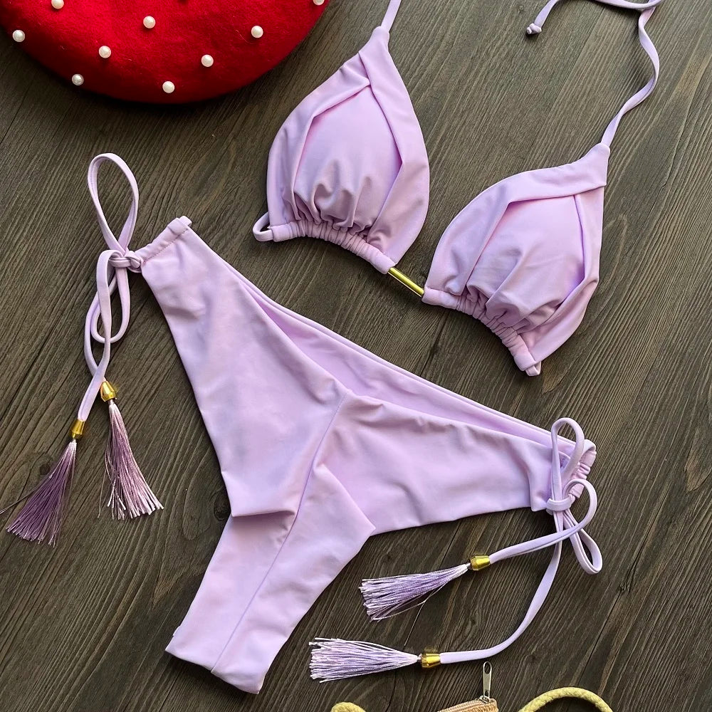 Sexy Triangle Bathing Suit for Women – Brazilian Bikini Halter Swimwear with Push Up and Metal Chain Details Style Heaven
