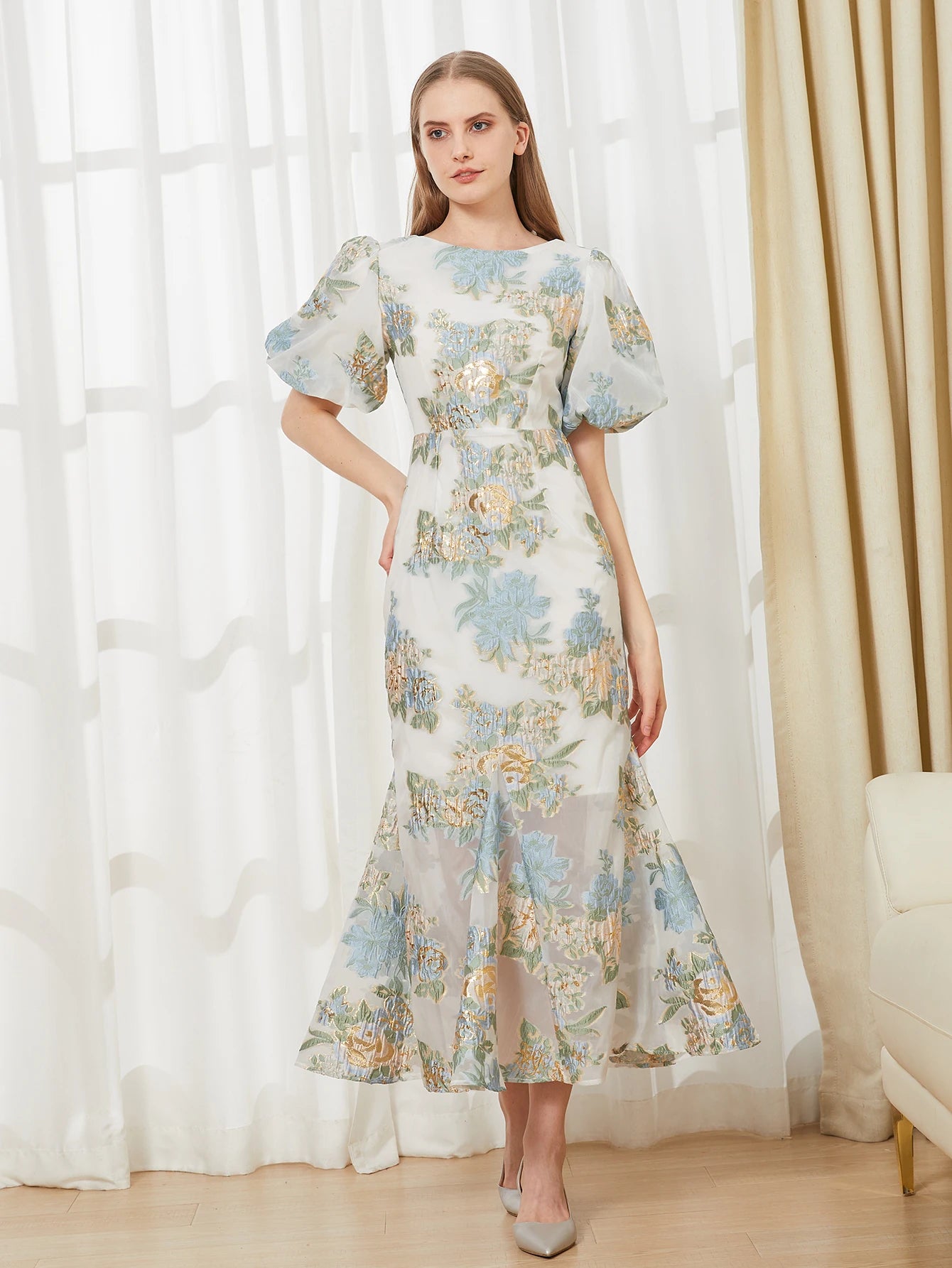Elegant Floral Organza Fishtail Long Dress – Luxury Mermaid Evening Dresses Puff Sleeve Bodycon Party Club Dress Style Heaven