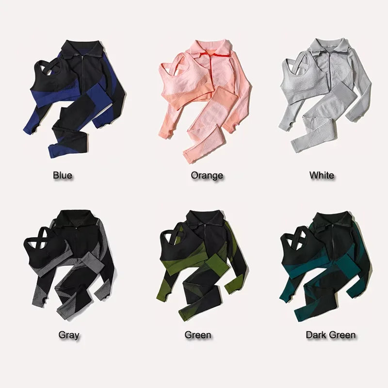 2/3Pcs Women’s Seamless Yoga Suit – Knitted Leggings & Zipper Crop Top Fitness Sportswear Gym Set Style Heaven
