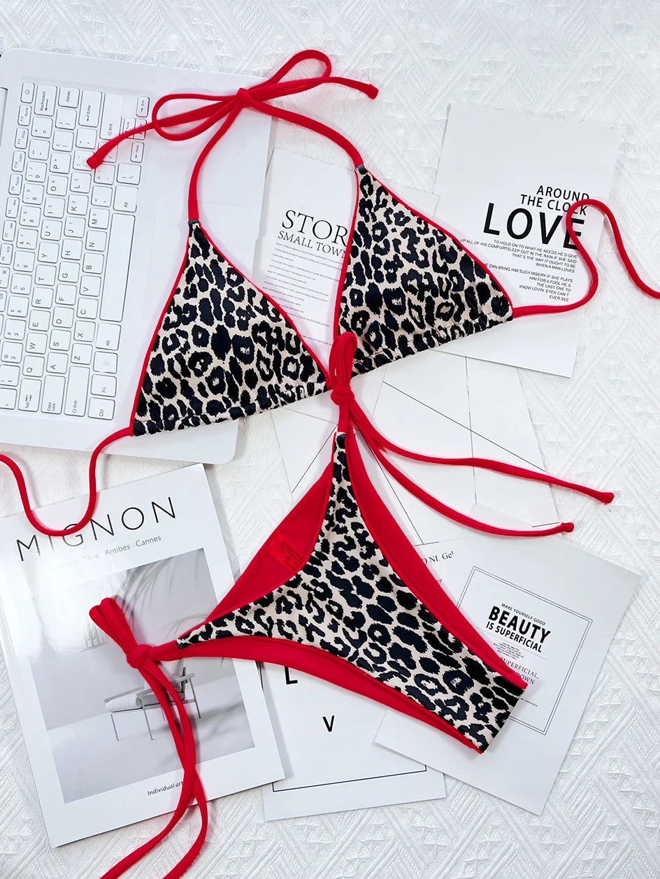 2024 Sexy Leopard Micro Bikini – Women’s Brazilian Halter Swimwear Set with Lace-Up Design Style Heaven