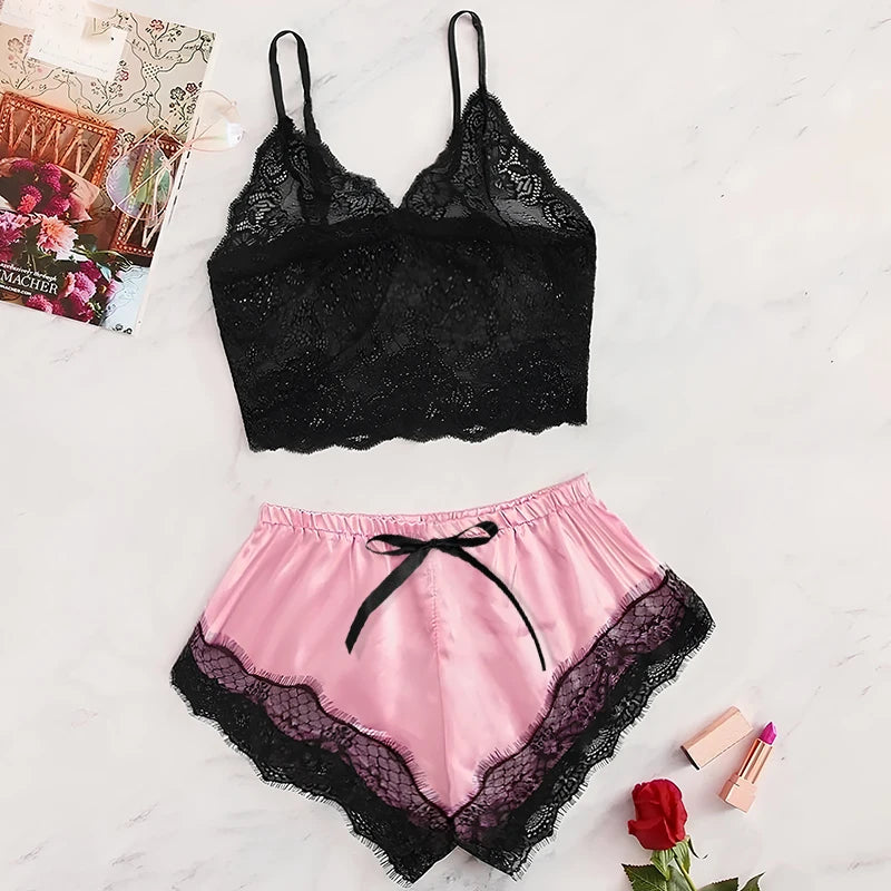 Sexy Lace See-Through Pajama Set – Breathable Suspender Shorts Sleepwear Style Heaven