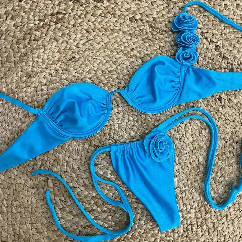 Sexy 3D Flower Shiny Pink Push-Up Bikini – Underwired High-Cut Bathing Suit with Wrinkled Detailing – 2025 Swimwear Set Style Heaven