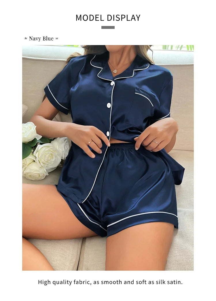 Silk Satin Pajama Set – Button-Down Top & Shorts 2-Piece Sleepwear Style Heaven