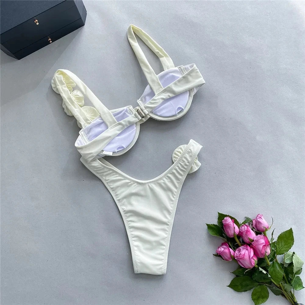 Sexy 3D Flower Shiny Pink Push-Up Bikini – Underwired High-Cut Bathing Suit with Wrinkled Detailing – 2025 Swimwear Set Style Heaven